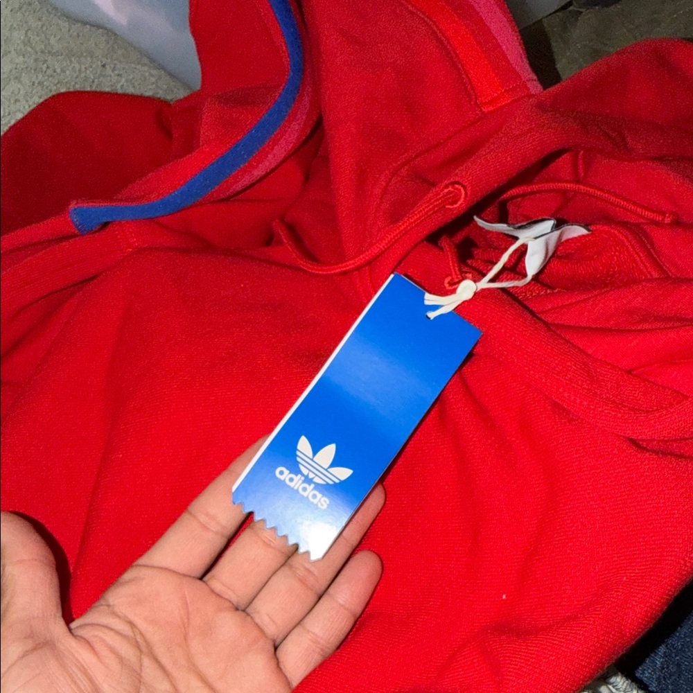 adidas Red Cropped Hoodie with Multicolor Trefoil Sleeve Accent - Picture 2 of 5